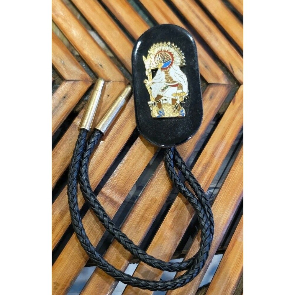 Vintage Enamel Native American Dancer Bolo Tie Black Oval Cabochon GoldTone Tips